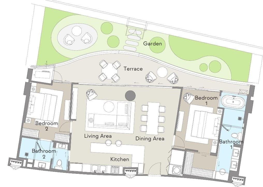 Type 2A (Garden) plan with a terrace and private garden