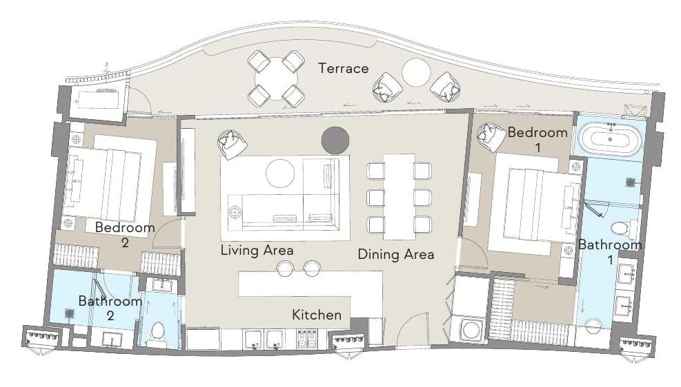 Angsana Golf Residences Topaz type 2A plan: two bedrooms, two bathrooms, living and dining area, kitchen and terrace