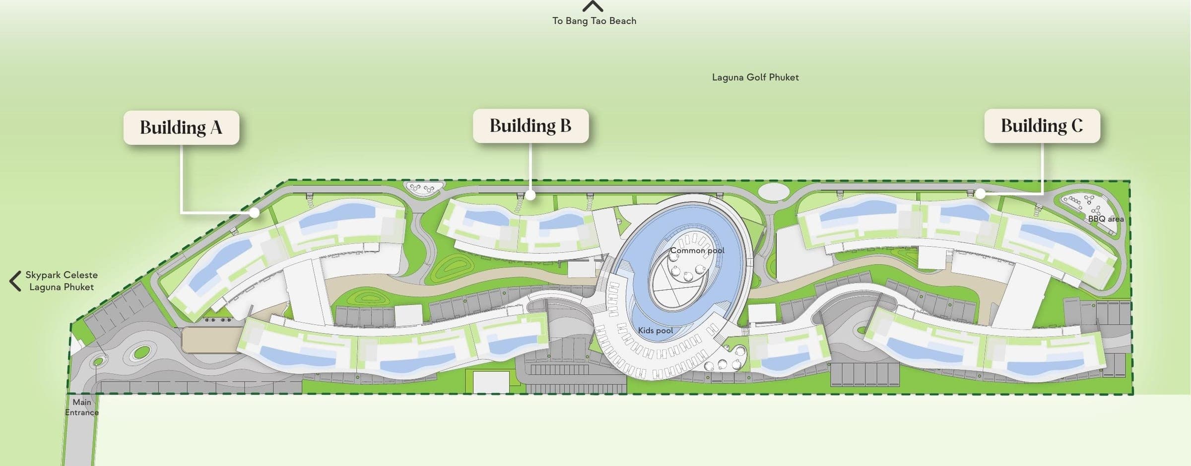 Angsana Golf Residences Topaz site plan: Buildings A, B and C beside Laguna Golf Phuket, with the common pool, kids' pool, BBQ area and main entrance