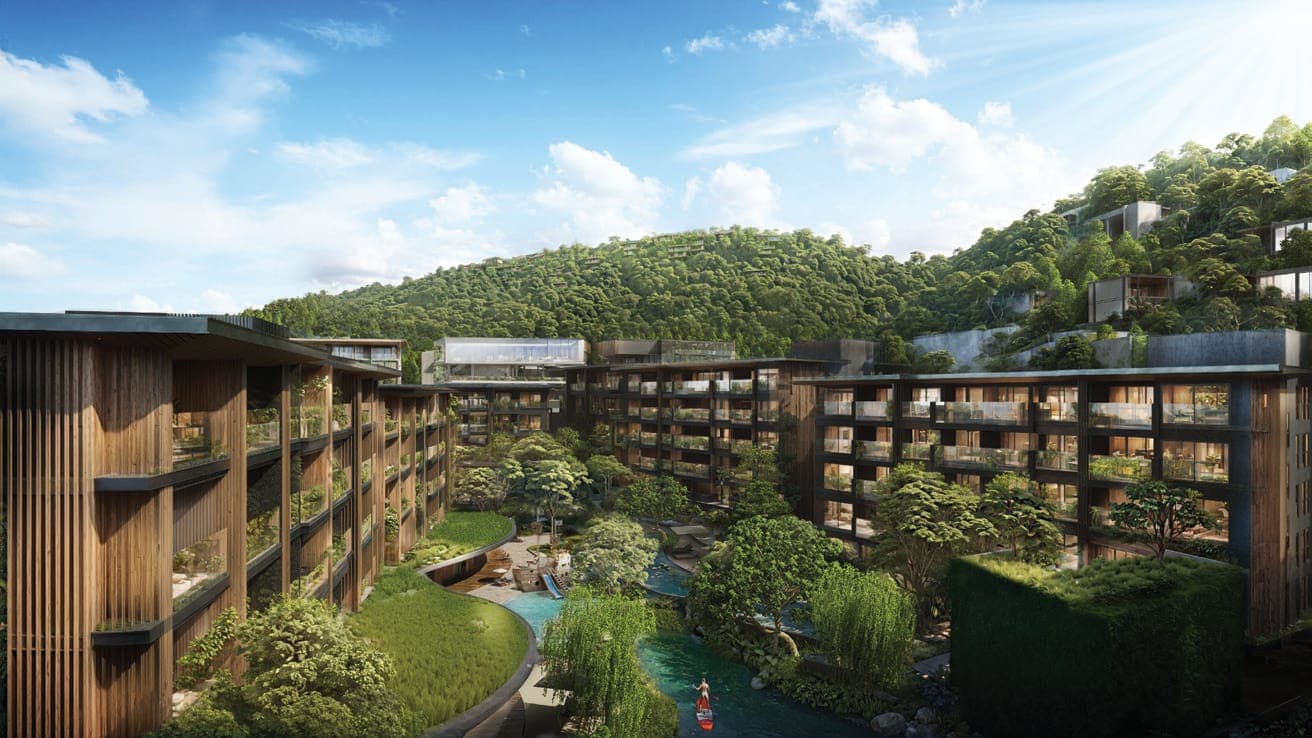 Ascott Abov Patong residences around a landscaped courtyard with forested hills behind