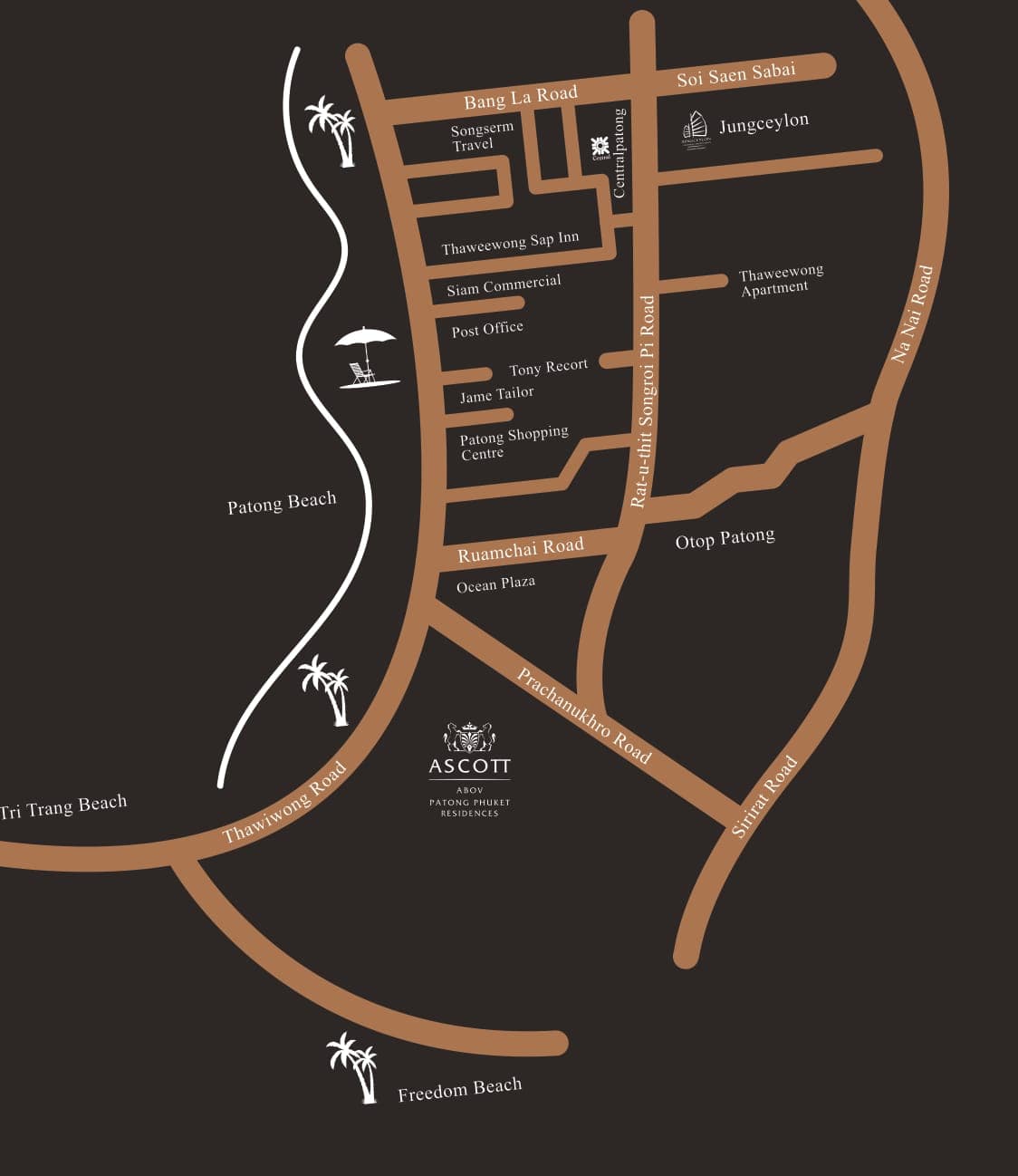 Ascott Abov Patong Phuket location map showing Patong Beach, Thawiwong Road, Prachanukhro Road and nearby landmarks
