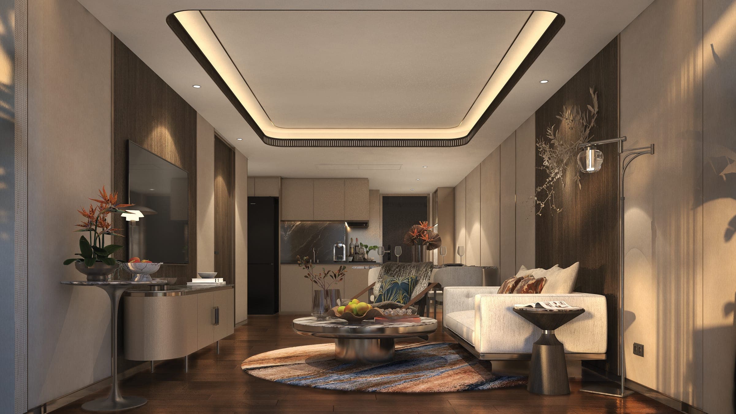 Ascott Abov Patong residence living room with cove-lit ceiling and dark timber panelling