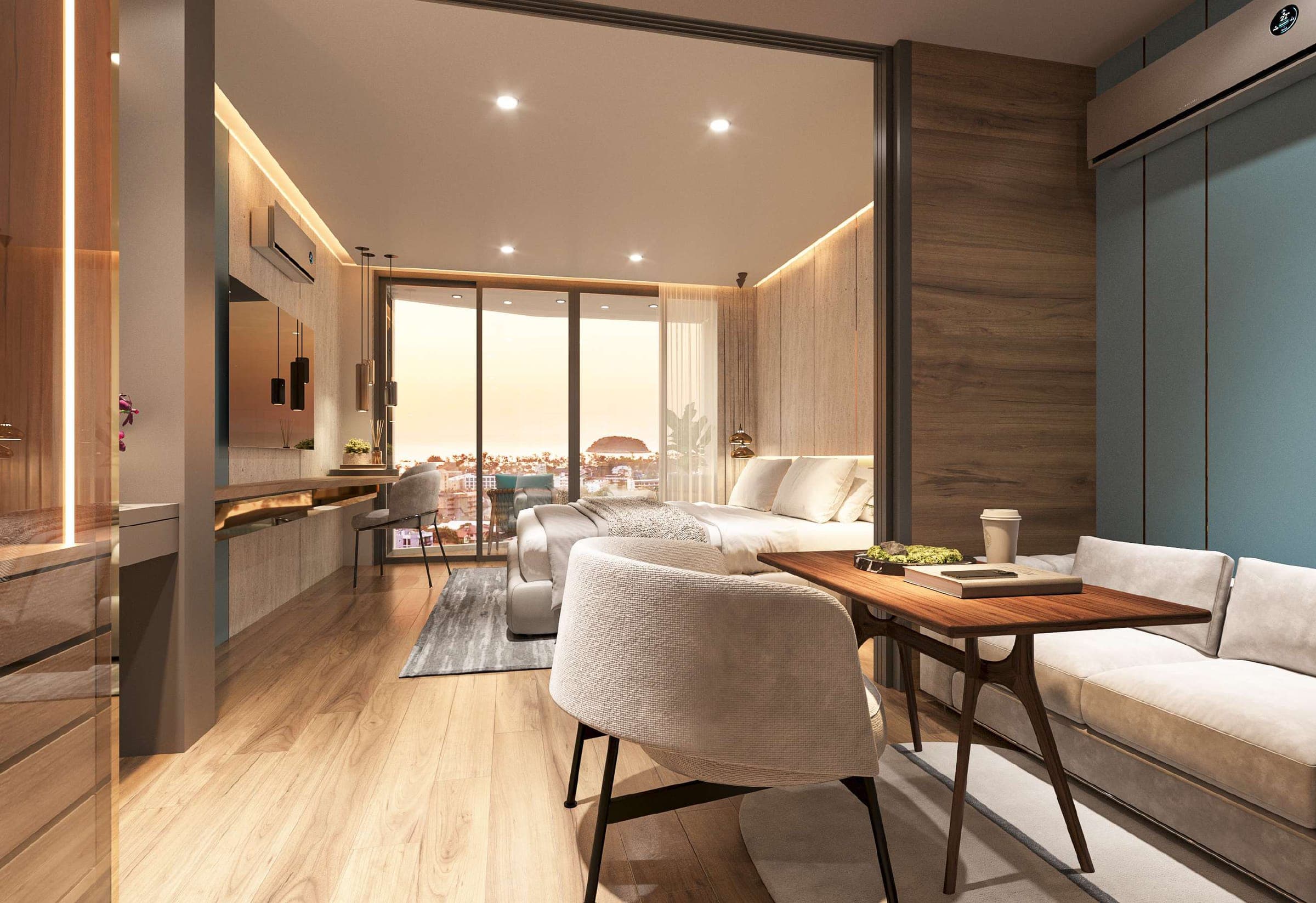 One-bedroom living area with sunset view