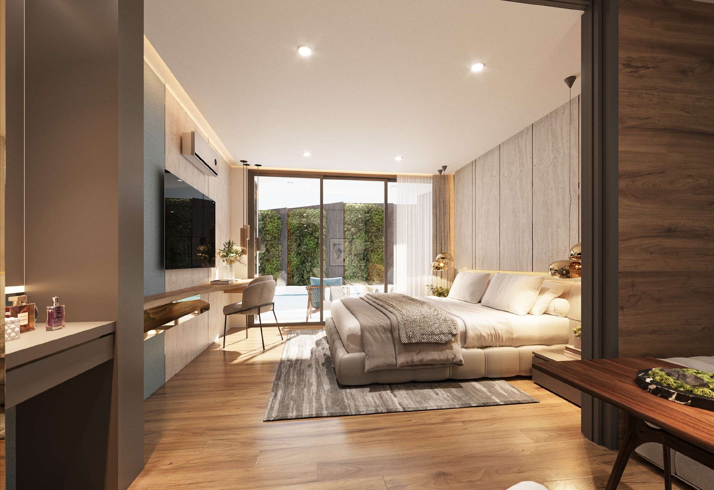 Pool-access one-bedroom interior