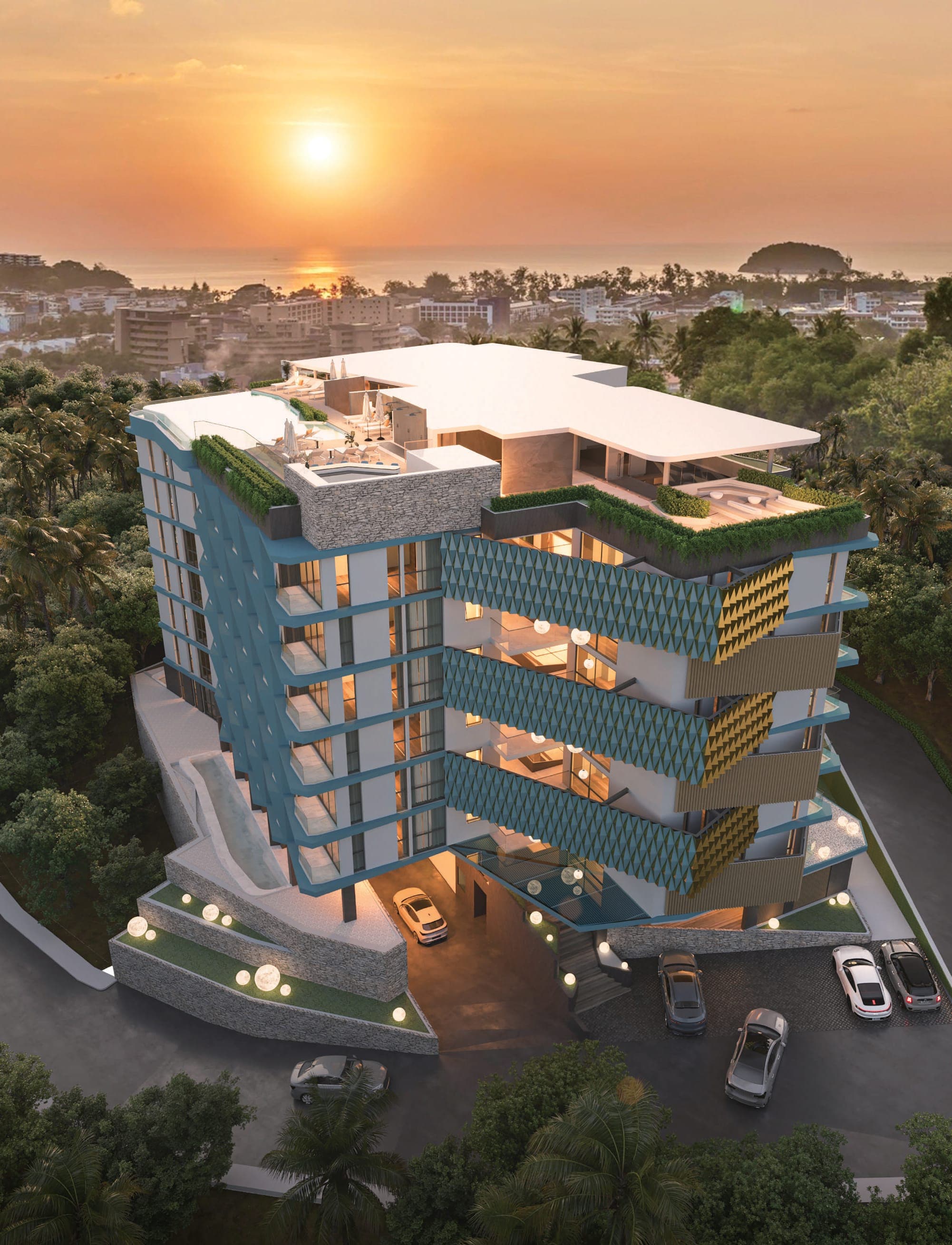 Ashiyana Heights at sunset with the sea and Kata behind