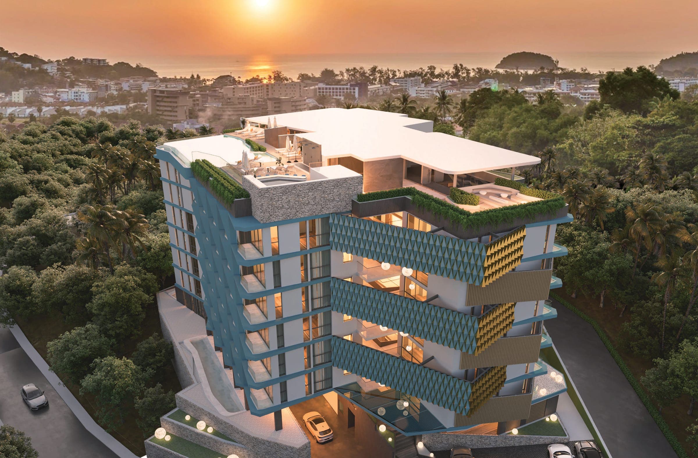 Ashiyana Heights at sunset above Kata