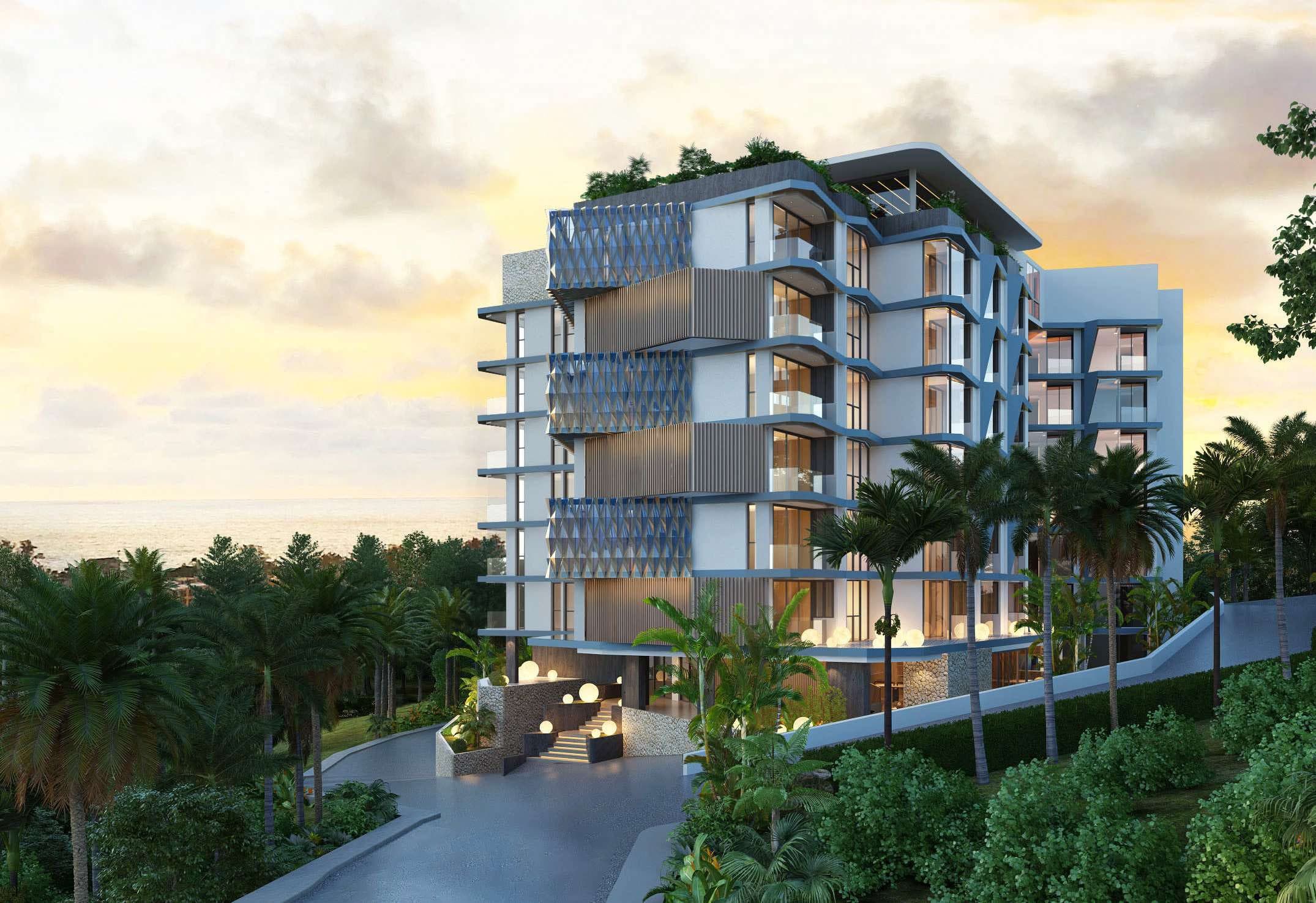 Ashiyana Heights seven-storey building at dusk among palms