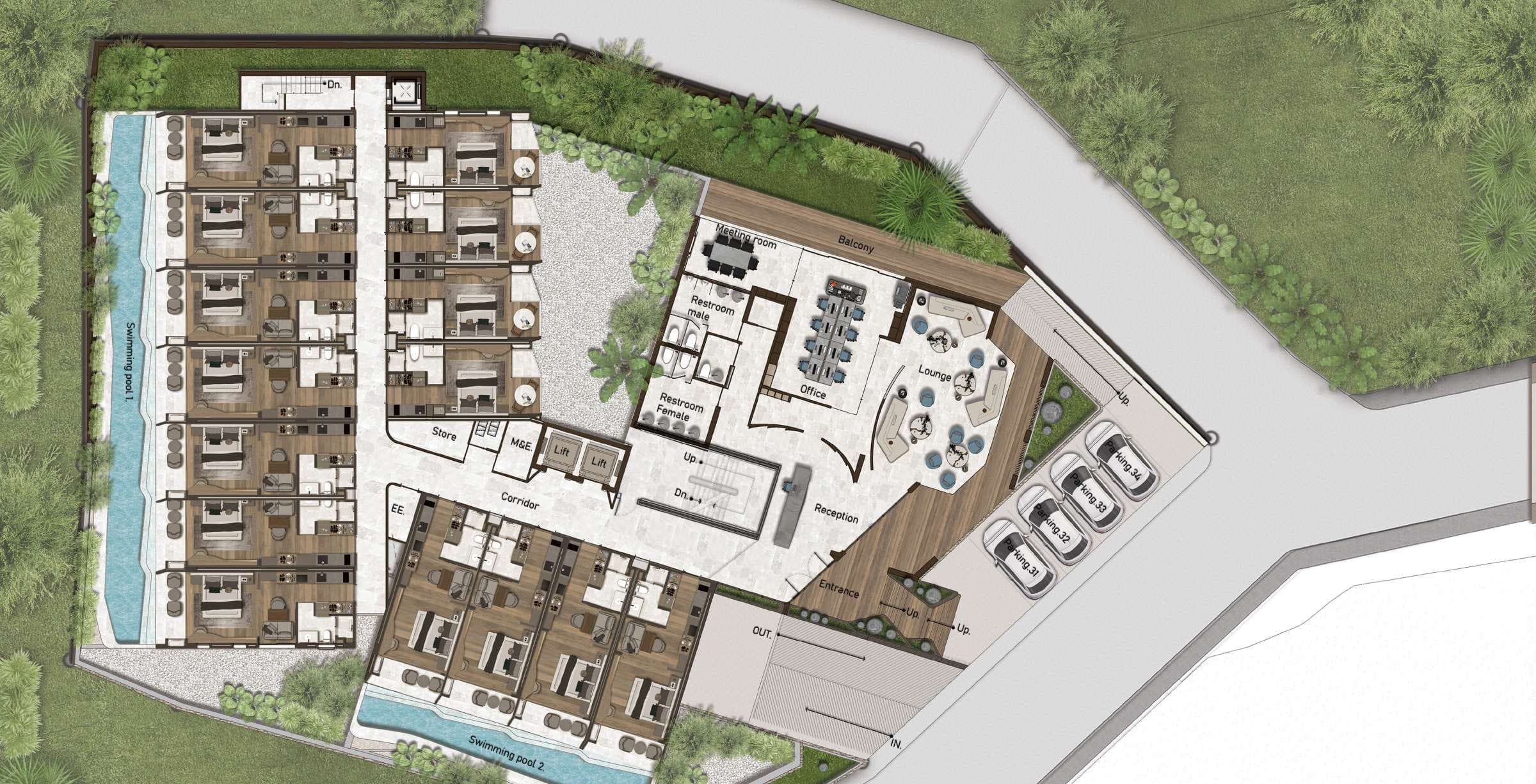 Ashiyana Heights first floor plan with reception, lounge, pool and units