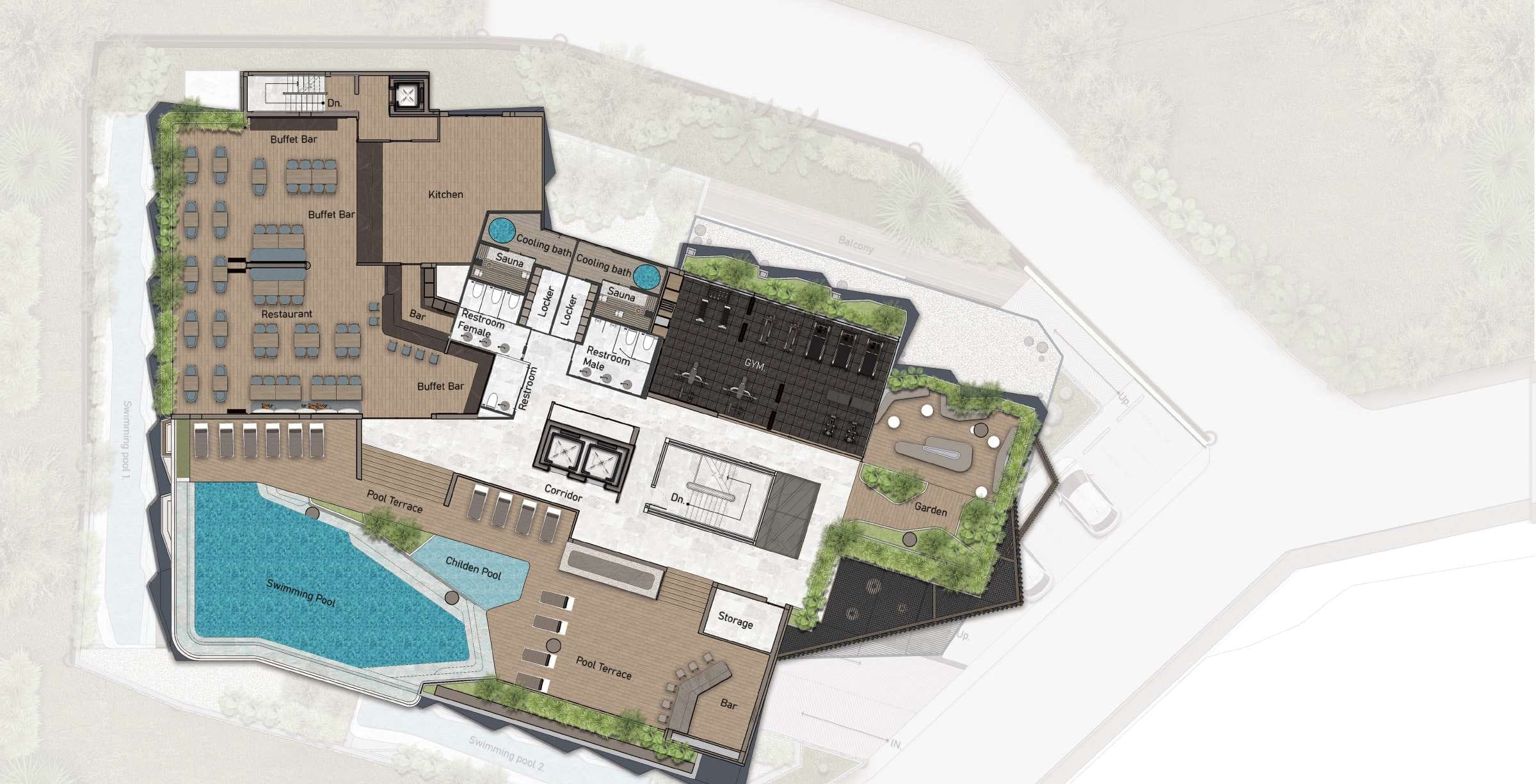Ashiyana Heights rooftop plan with pool, bar and restaurant, gym and saunas