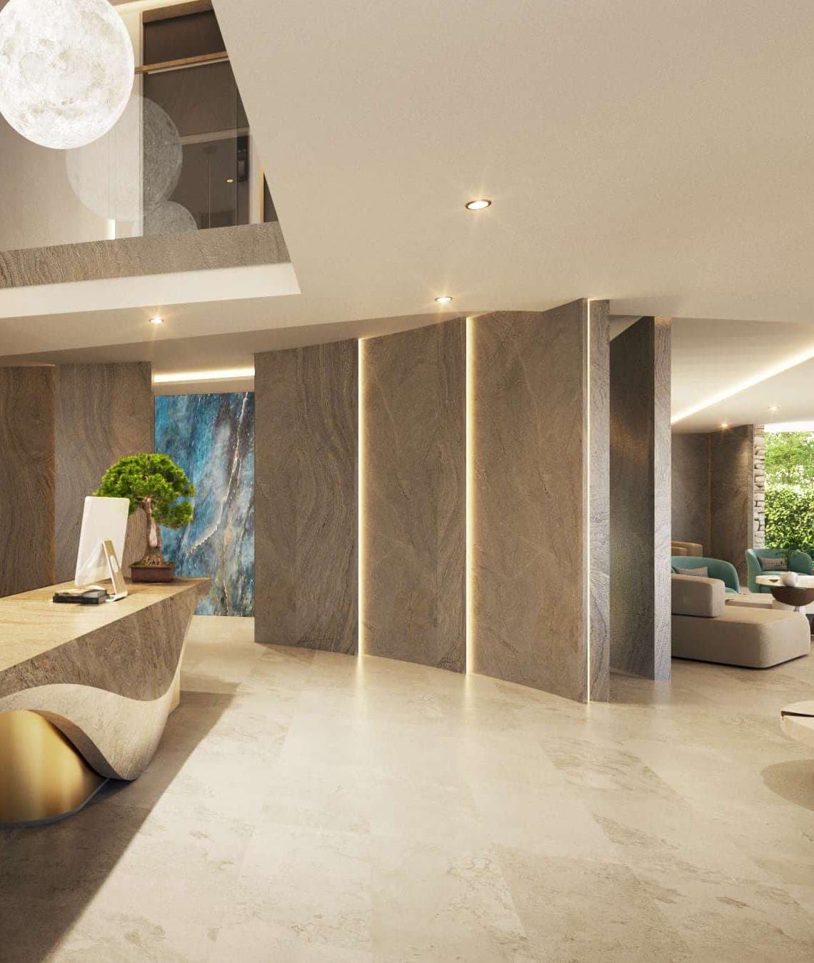 Lobby and stone reception desk