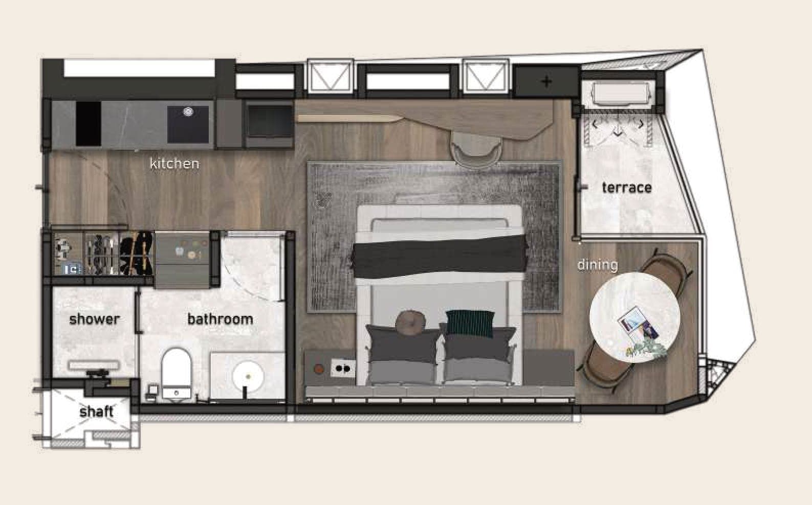 Ashiyana Heights studio plan with kitchen, bathroom, sleeping area, dining corner and terrace