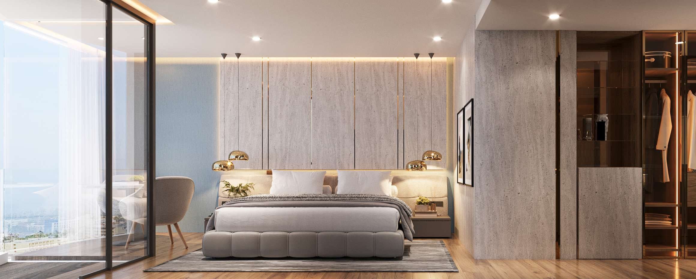 Studio with upholstered bed, timber panelling and glass wardrobe