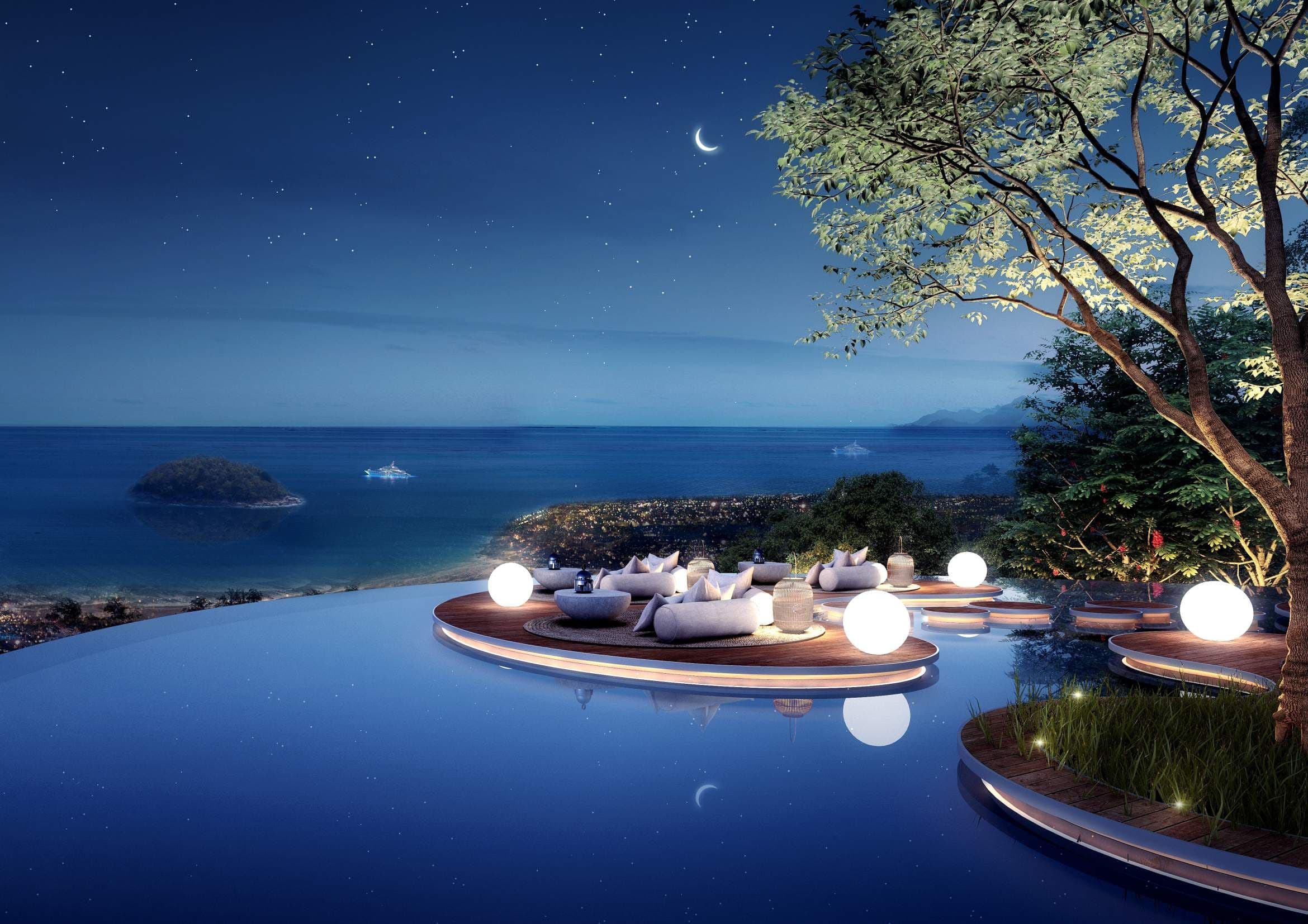 Clubhouse sea-view deck at dusk
