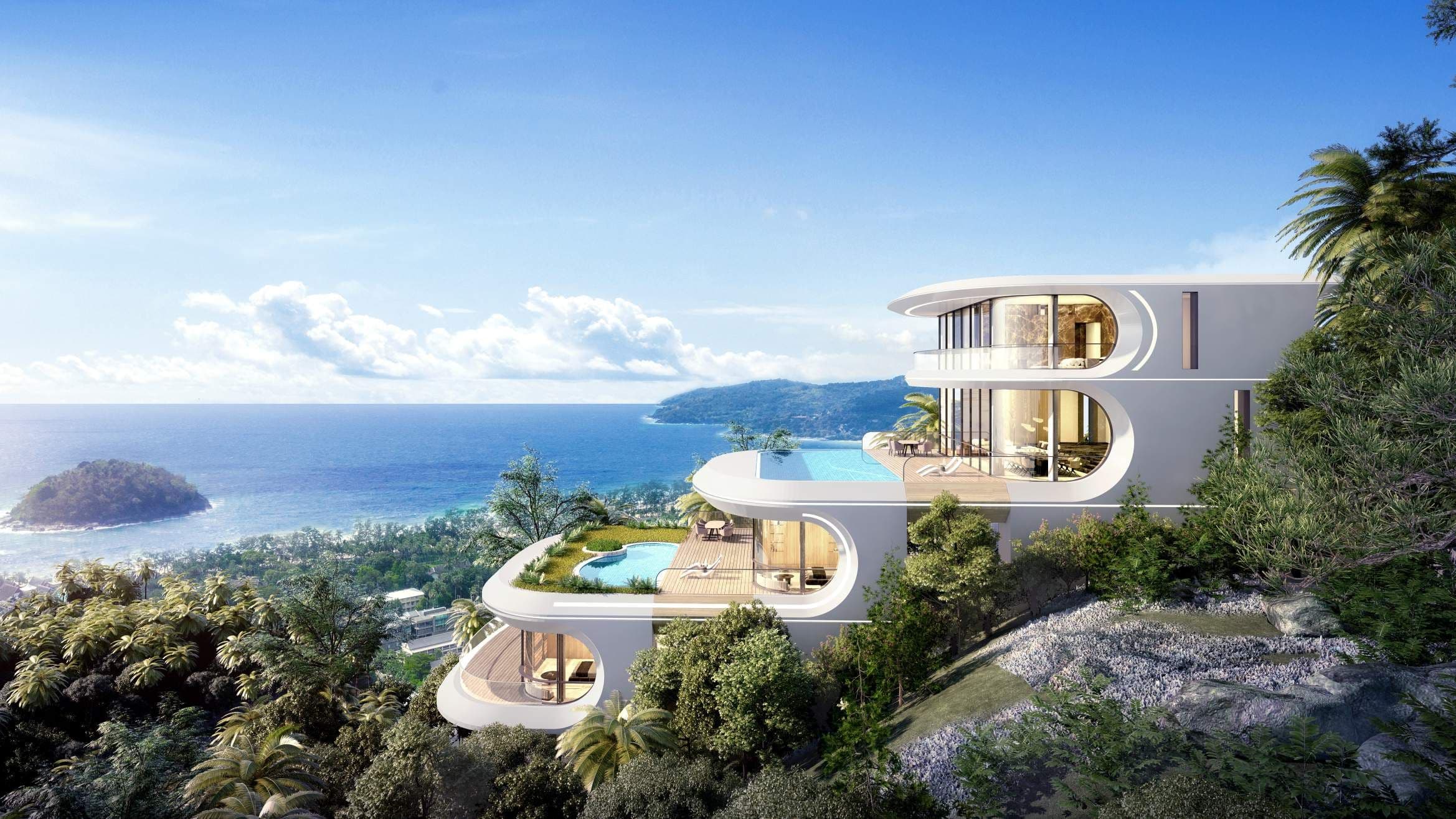 Aurora villa with curved white floors and pools on the hillside above the sea