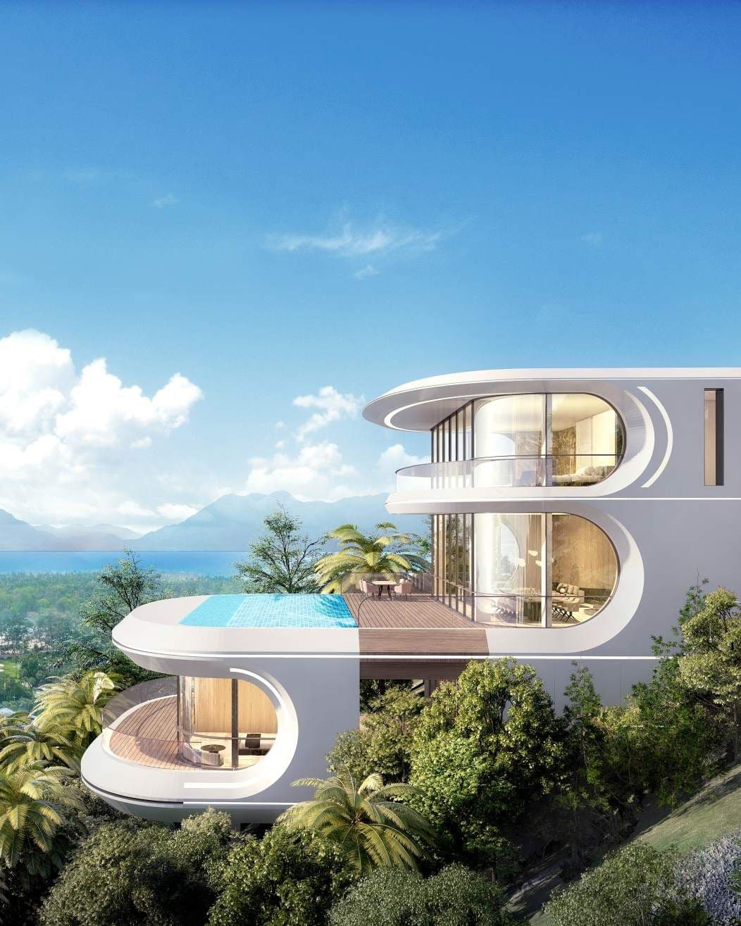 Aurora Type C1 villa with its infinity pool terrace and the sea behind