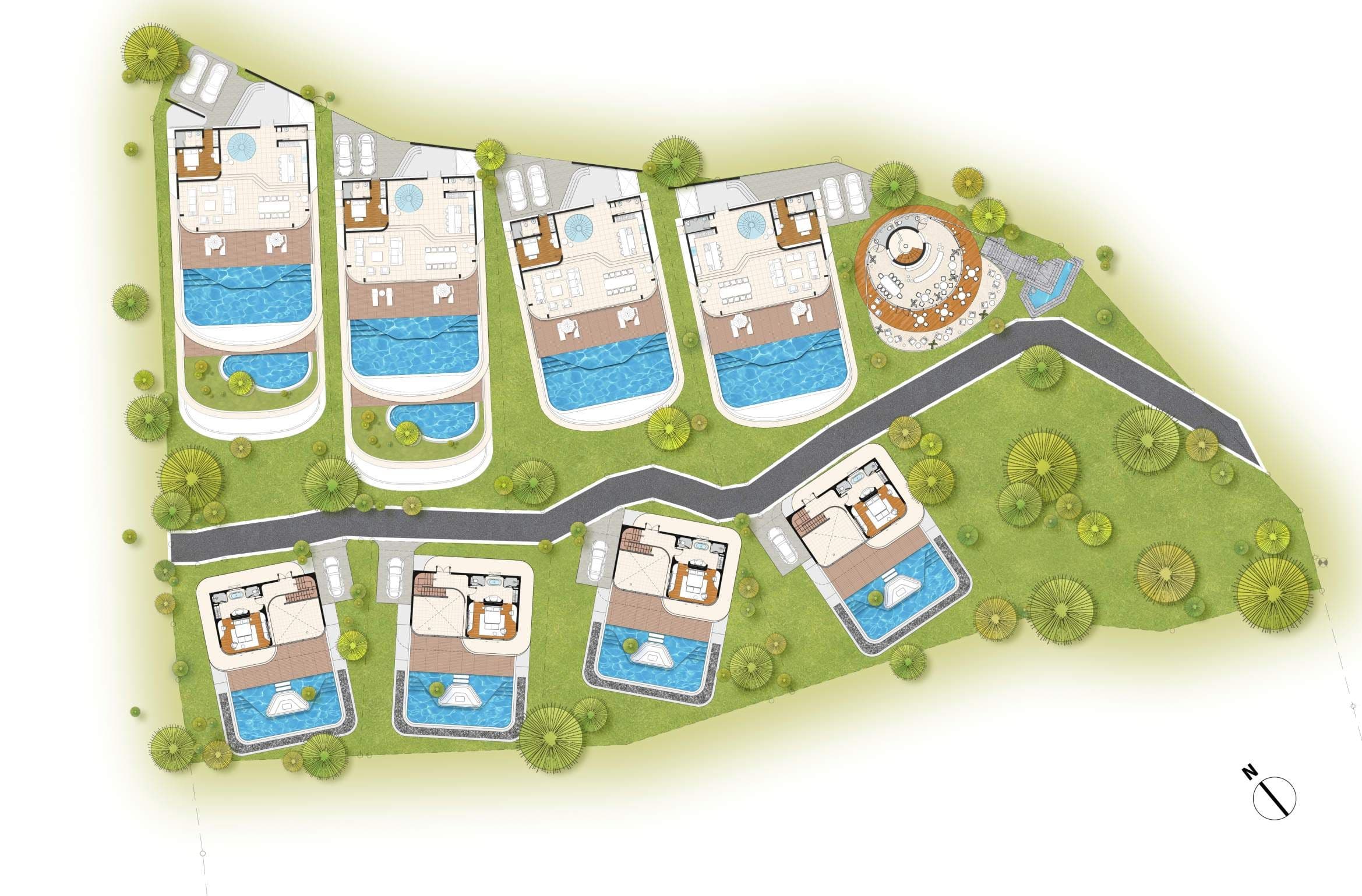 Aurora master plan with eight villas along a private road and the round clubhouse