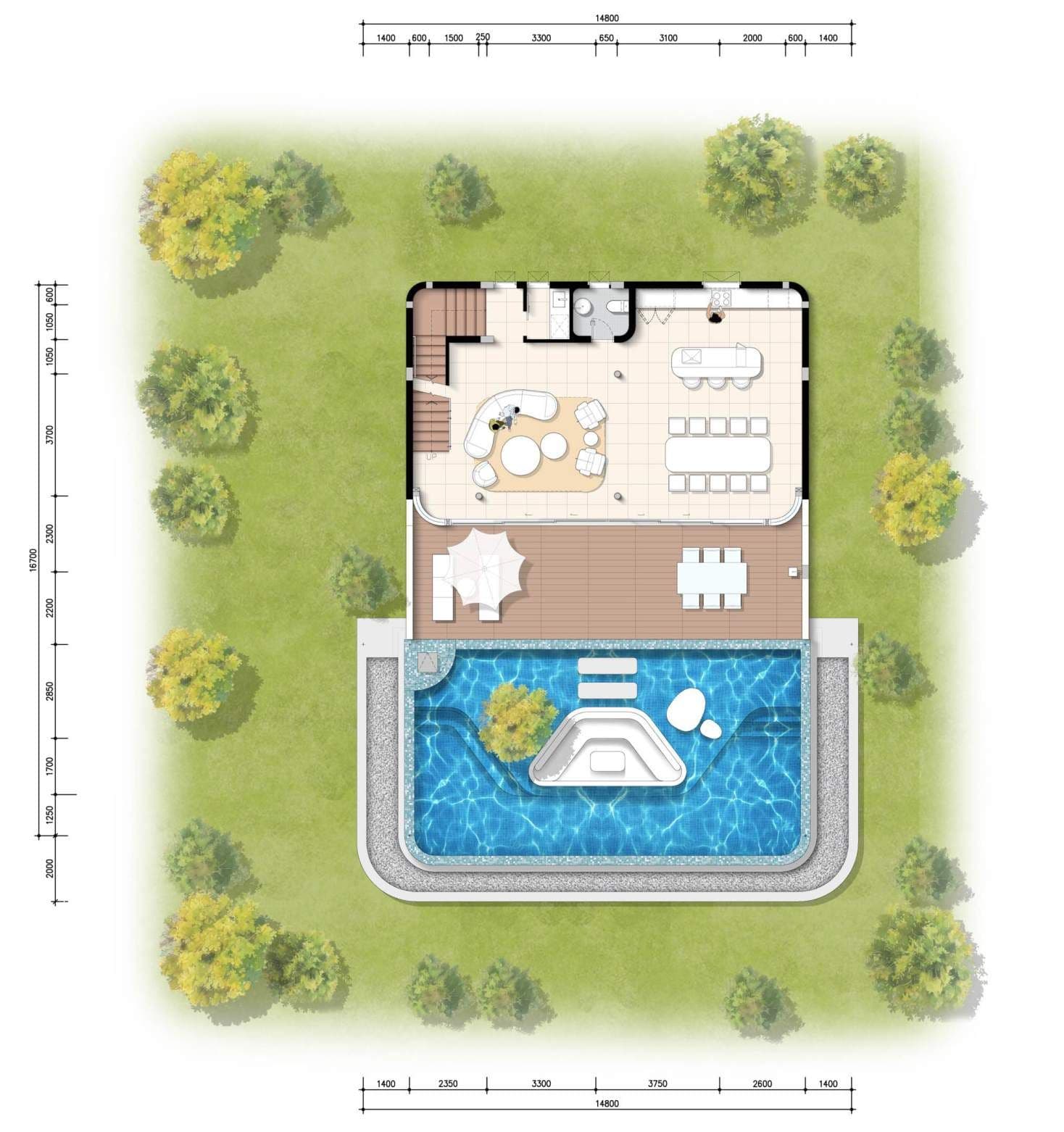 Aurora Villa Type B first-floor plan with living, dining and kitchen opening onto the terrace and infinity pool