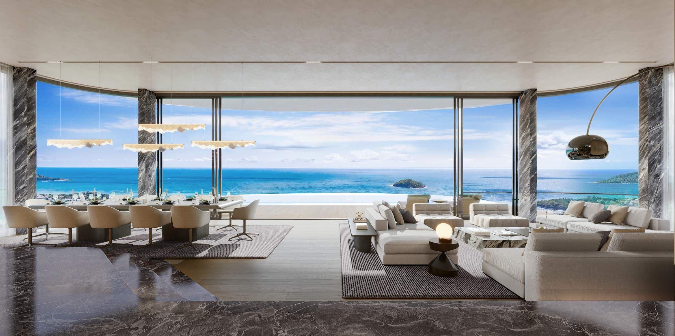 Living and dining with panoramic sea view