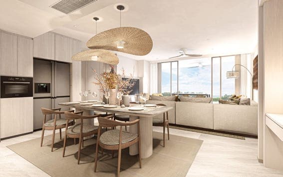 Dining table and kitchen