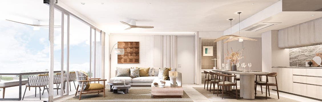 Open-plan living, dining and kitchen