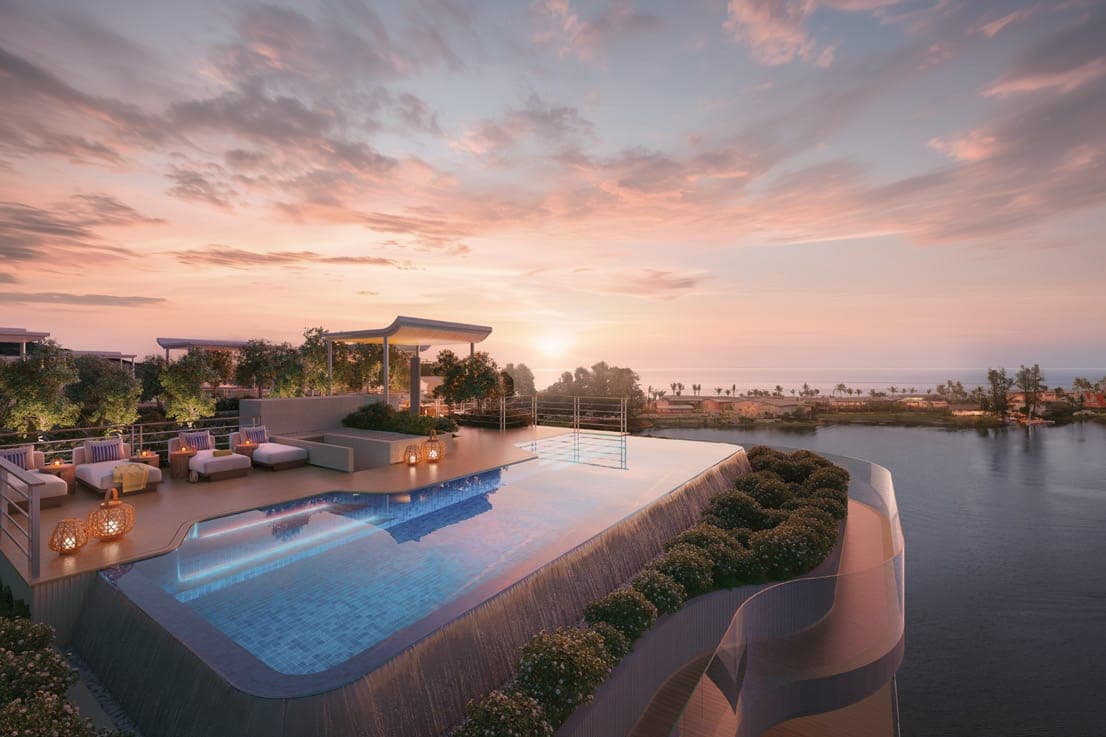 Rooftop pool and terrace at dusk