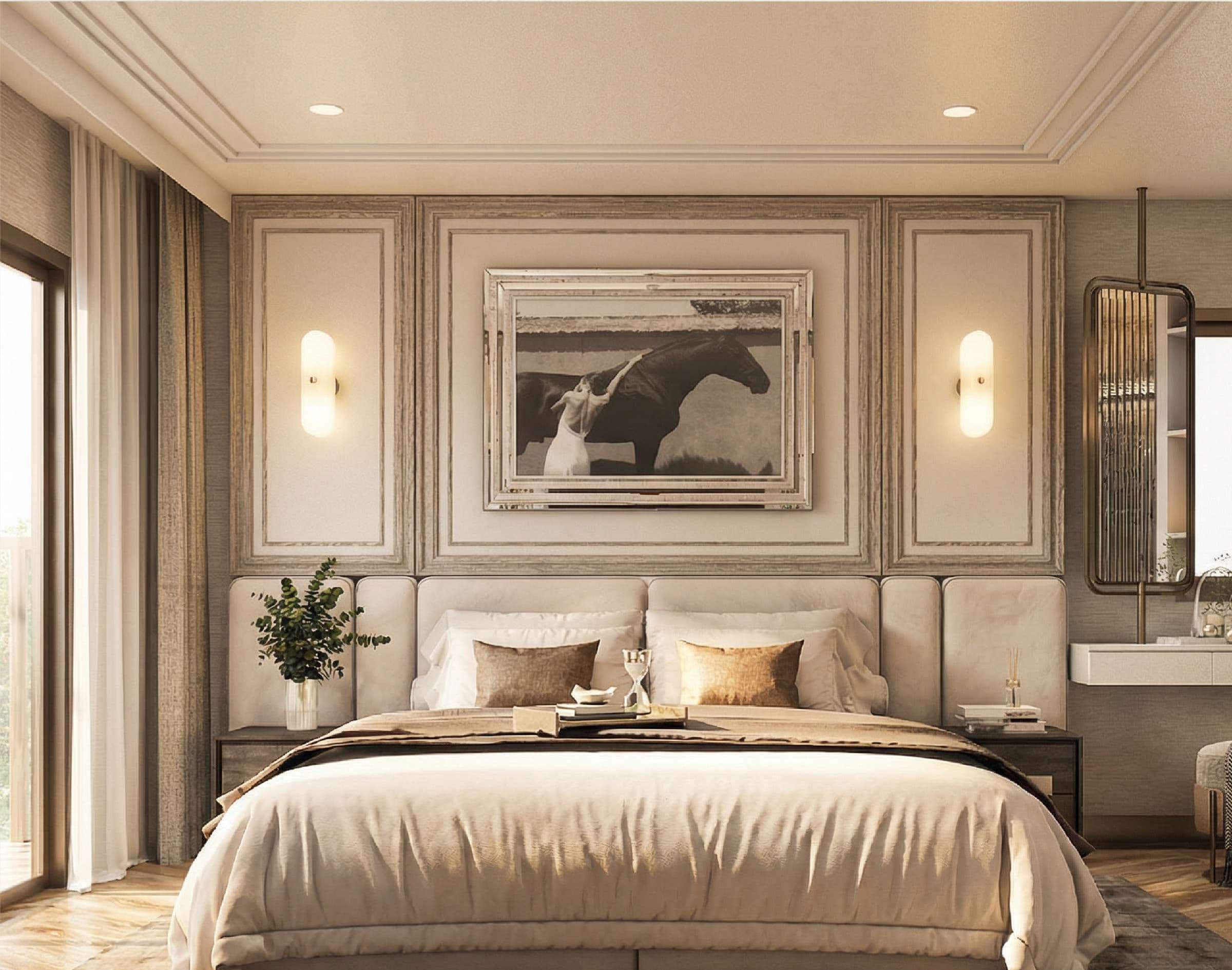 Bedroom with panelled wall, wall lights and balcony door