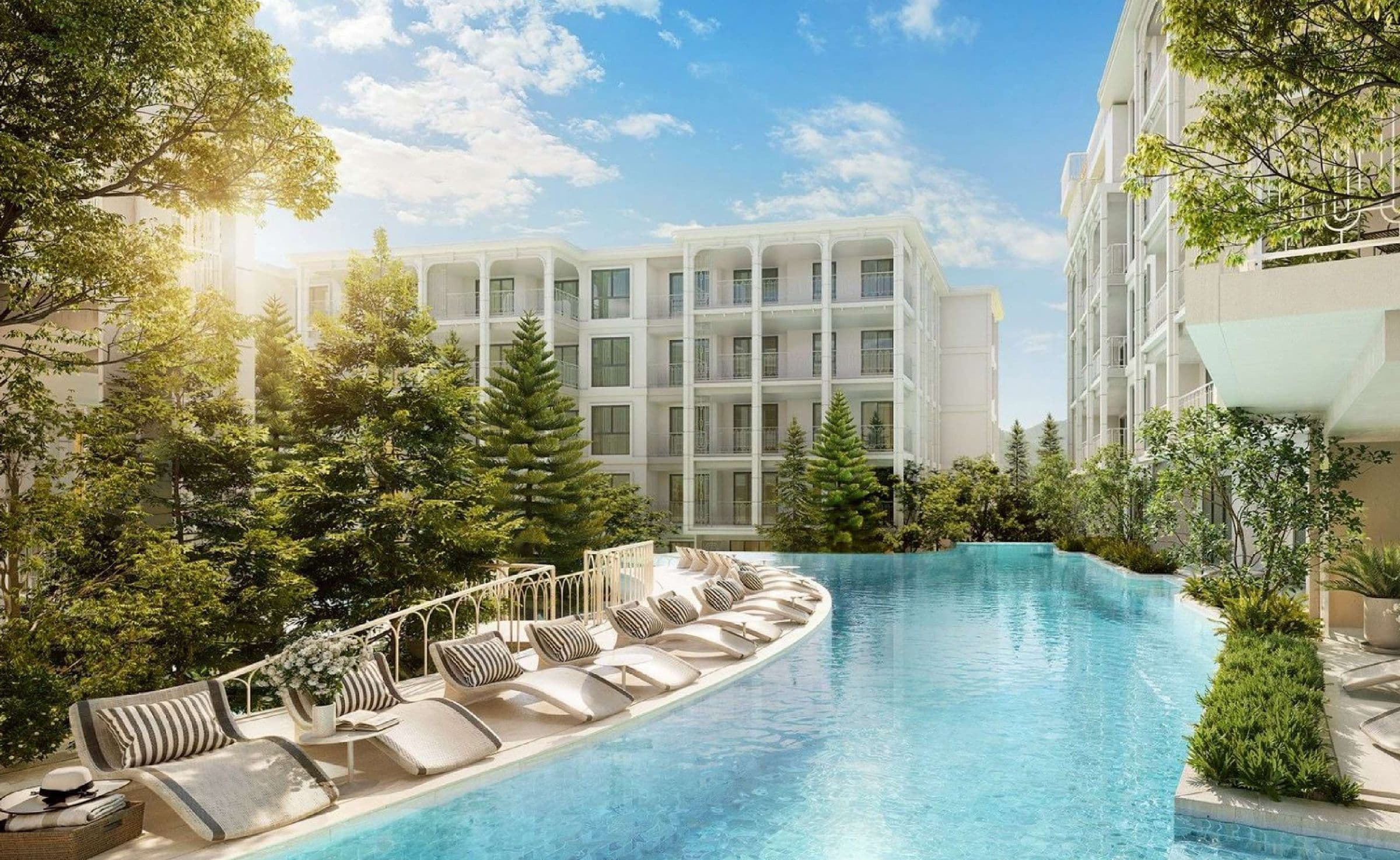 Cascade pool with in-water loungers