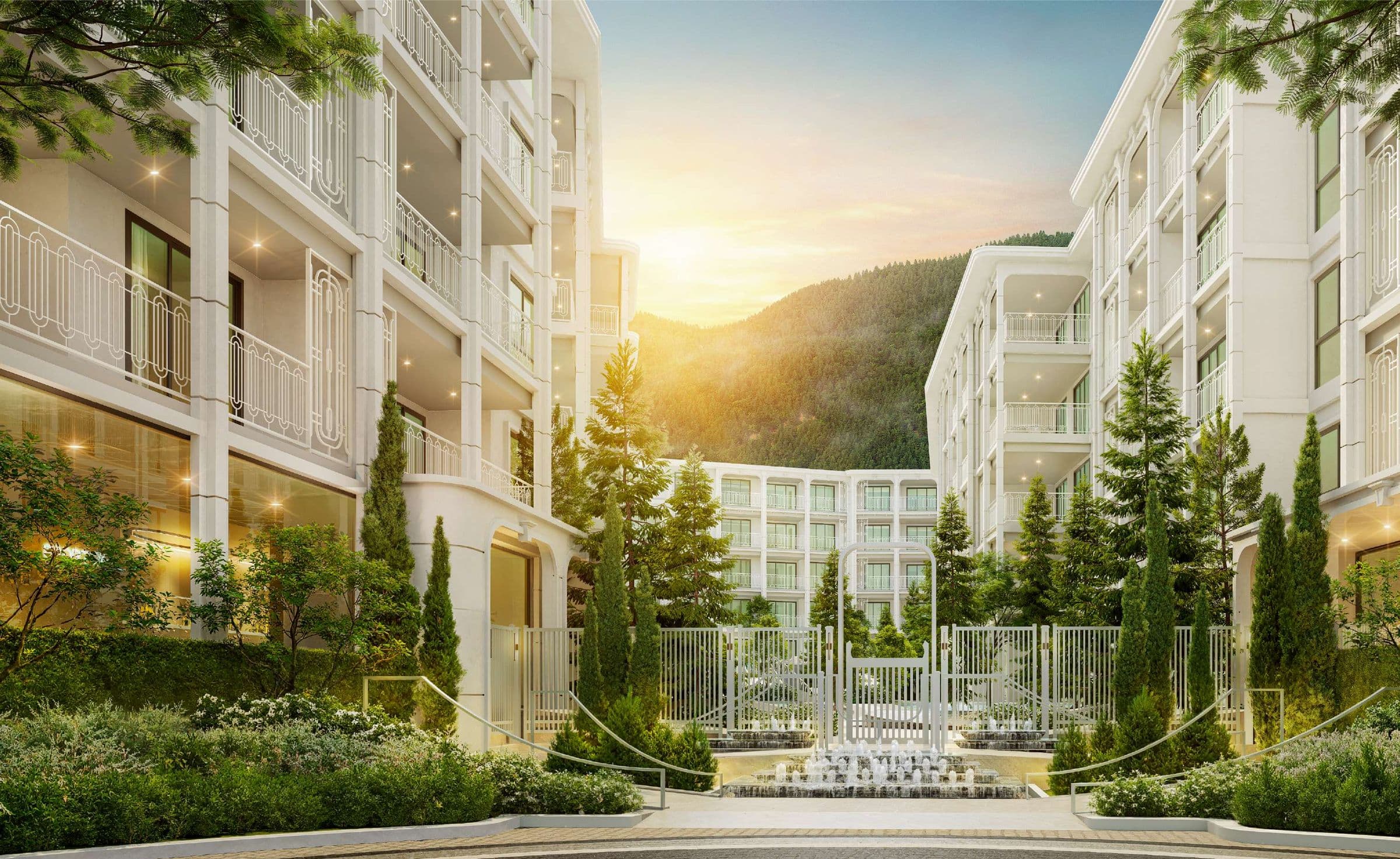 The Grand Court entrance between Biancana's white Modern Classic buildings