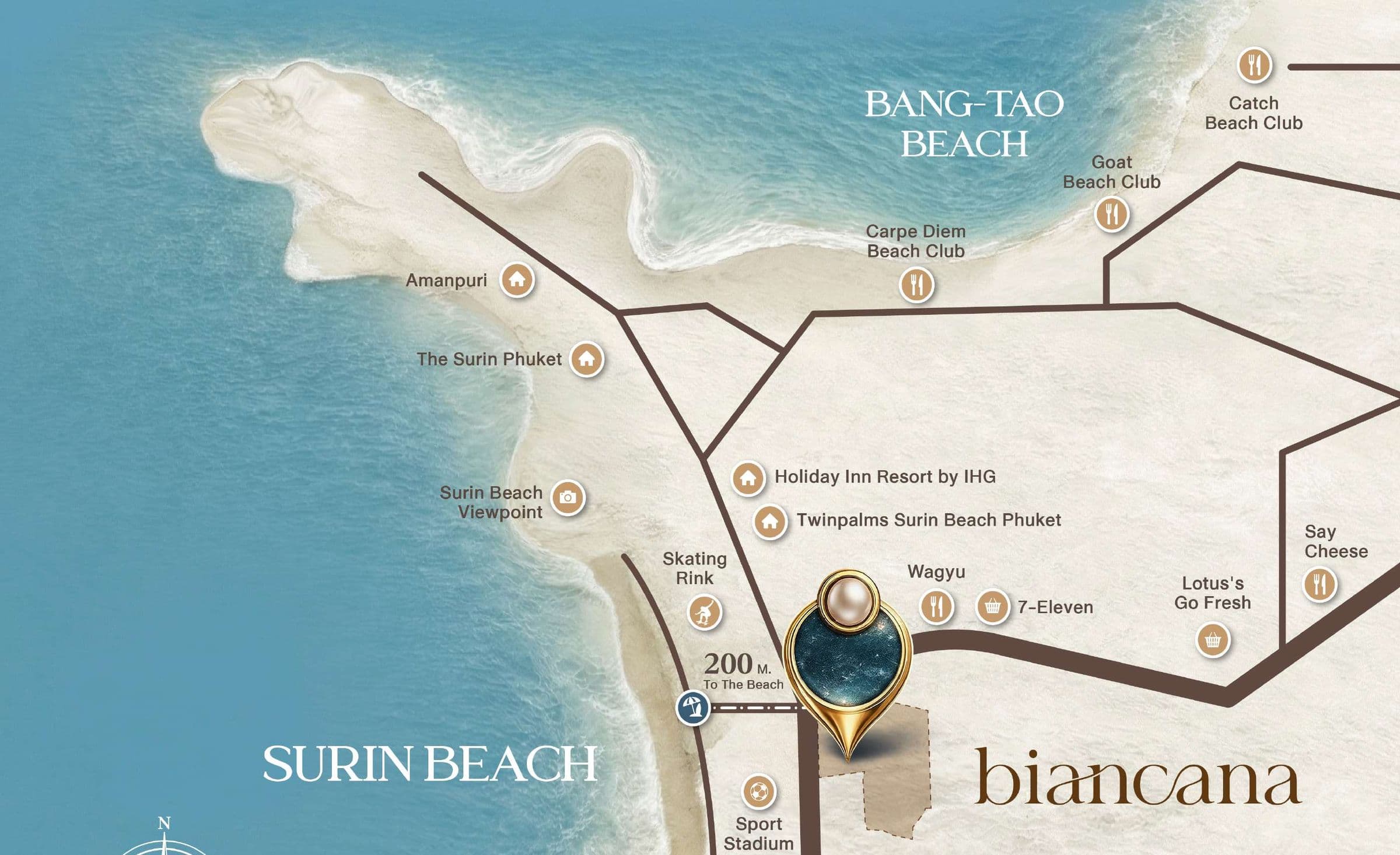 Biancana location map showing Surin Beach, Bang Tao Beach and nearby hotels, beach clubs and shops
