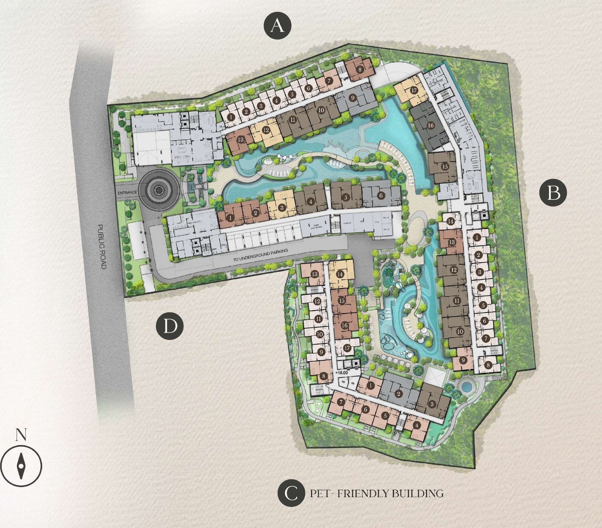 Biancana master plan with Buildings A–D around the pools and gardens