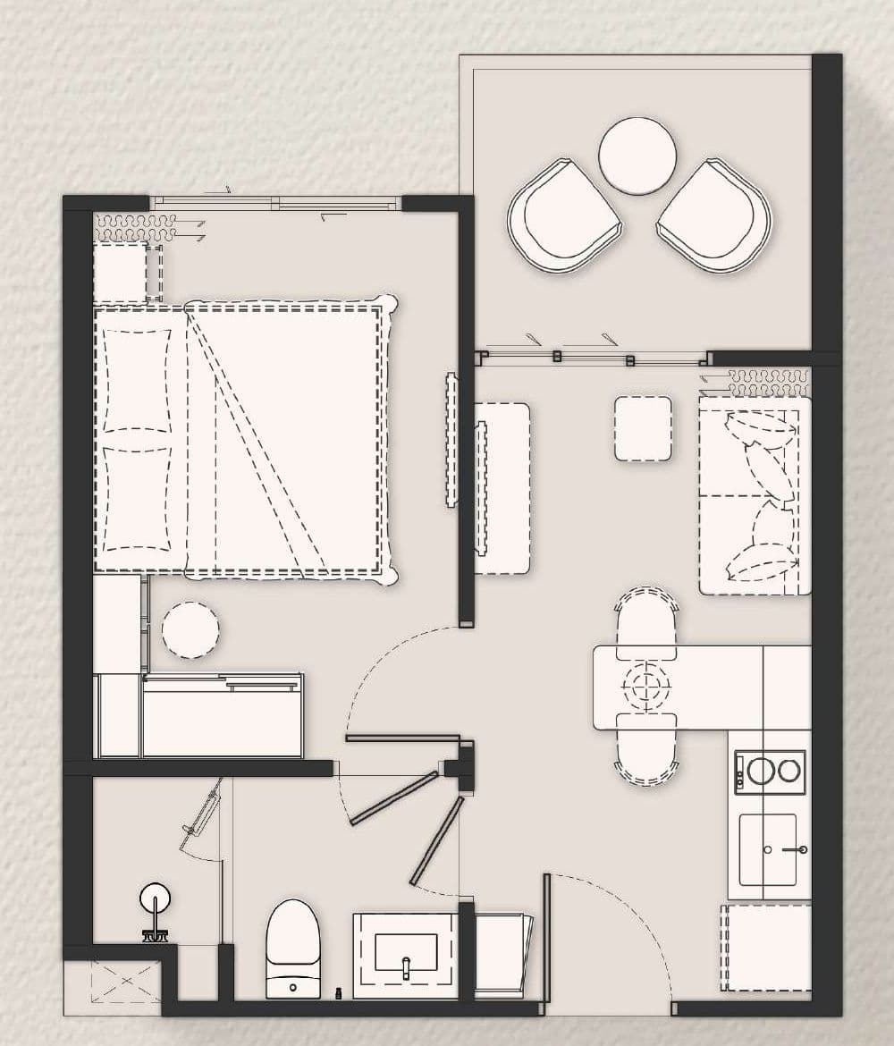 Biancana One Bedroom M plan with bedroom, bathroom, living and kitchen area and balcony