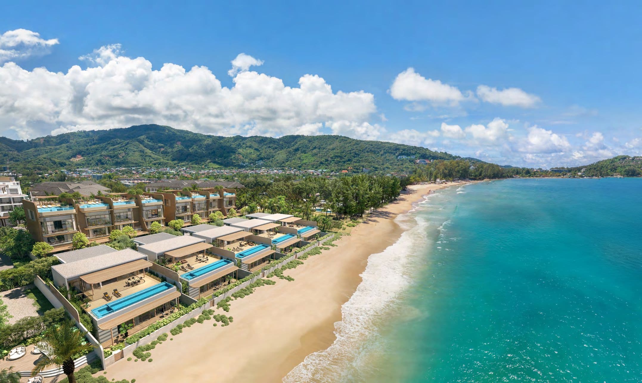 Aerial view of the Mazu beachfront villas and their pools along Bang Tao Beach
