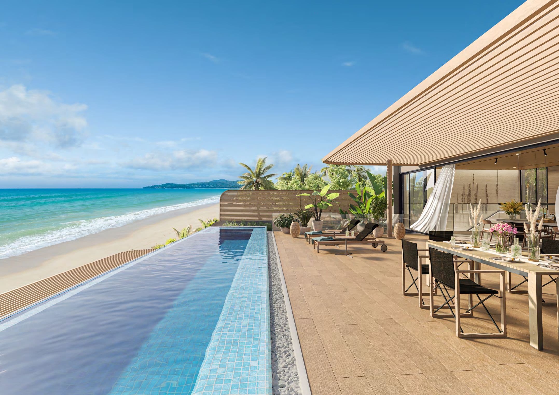Pool terrace and dining area above the beach