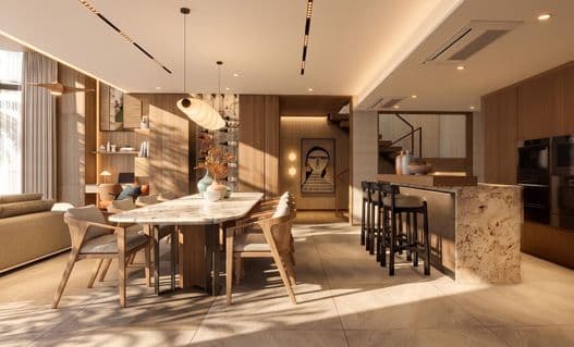 Kitchen and dining area with stone island