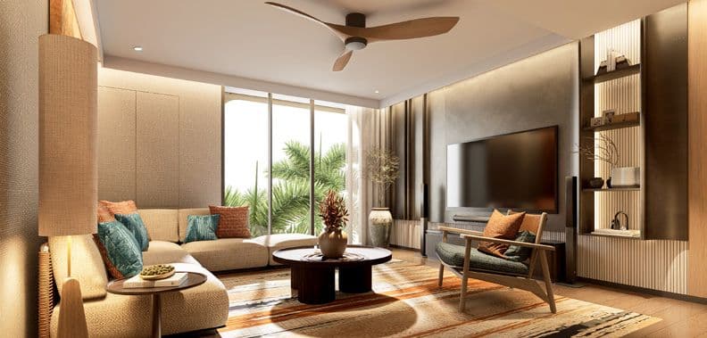 Lounge with timber shelving
