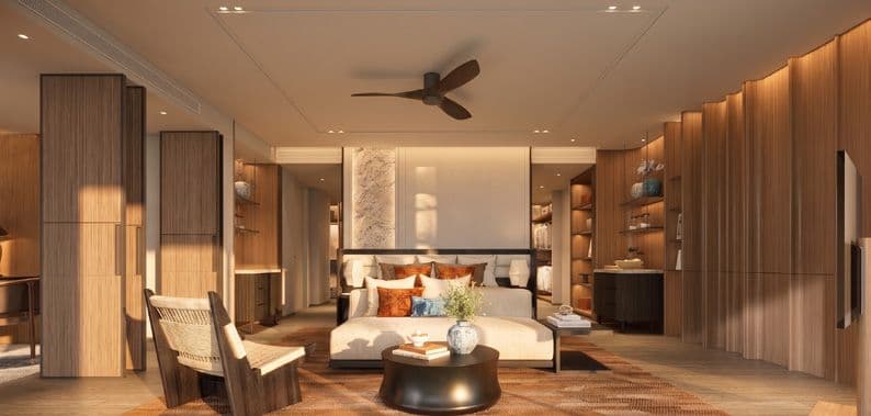Bedroom with sitting area and timber detailing