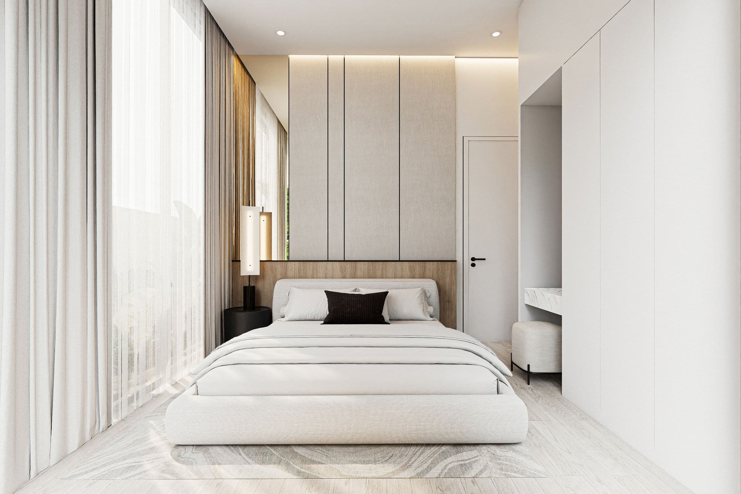 Bedroom with panelled headboard wall