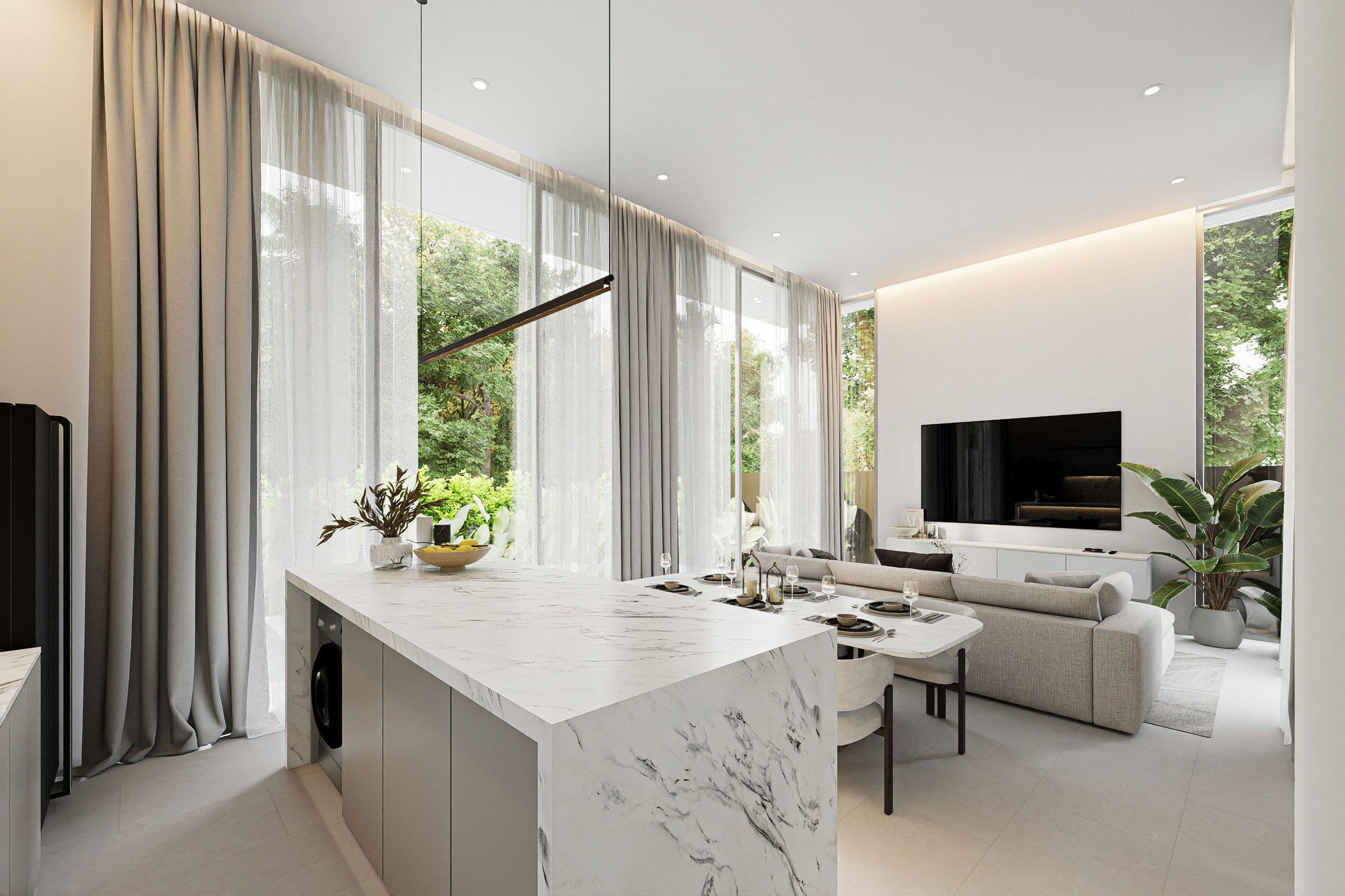 Kitchen island and living area