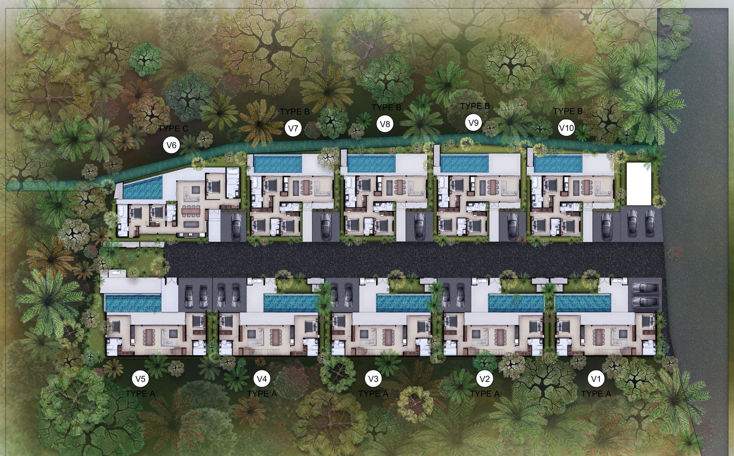 Enigma Villa Naiharn master plan: villas V1–V5 (Type A) and V6–V10 (Types C and B) either side of a central lane