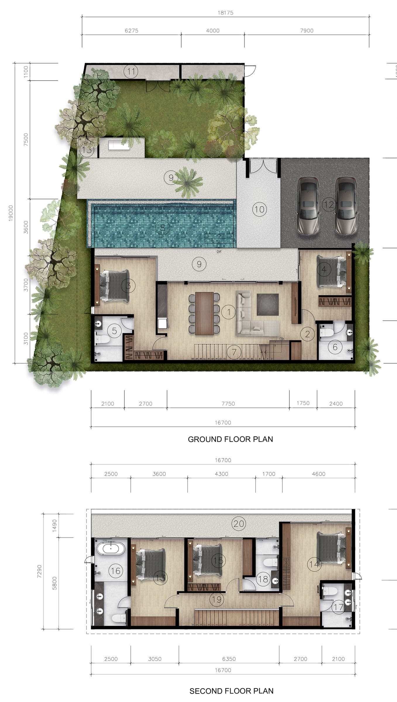 Type A plan for villa V5 with a larger pool terrace and barbecue area