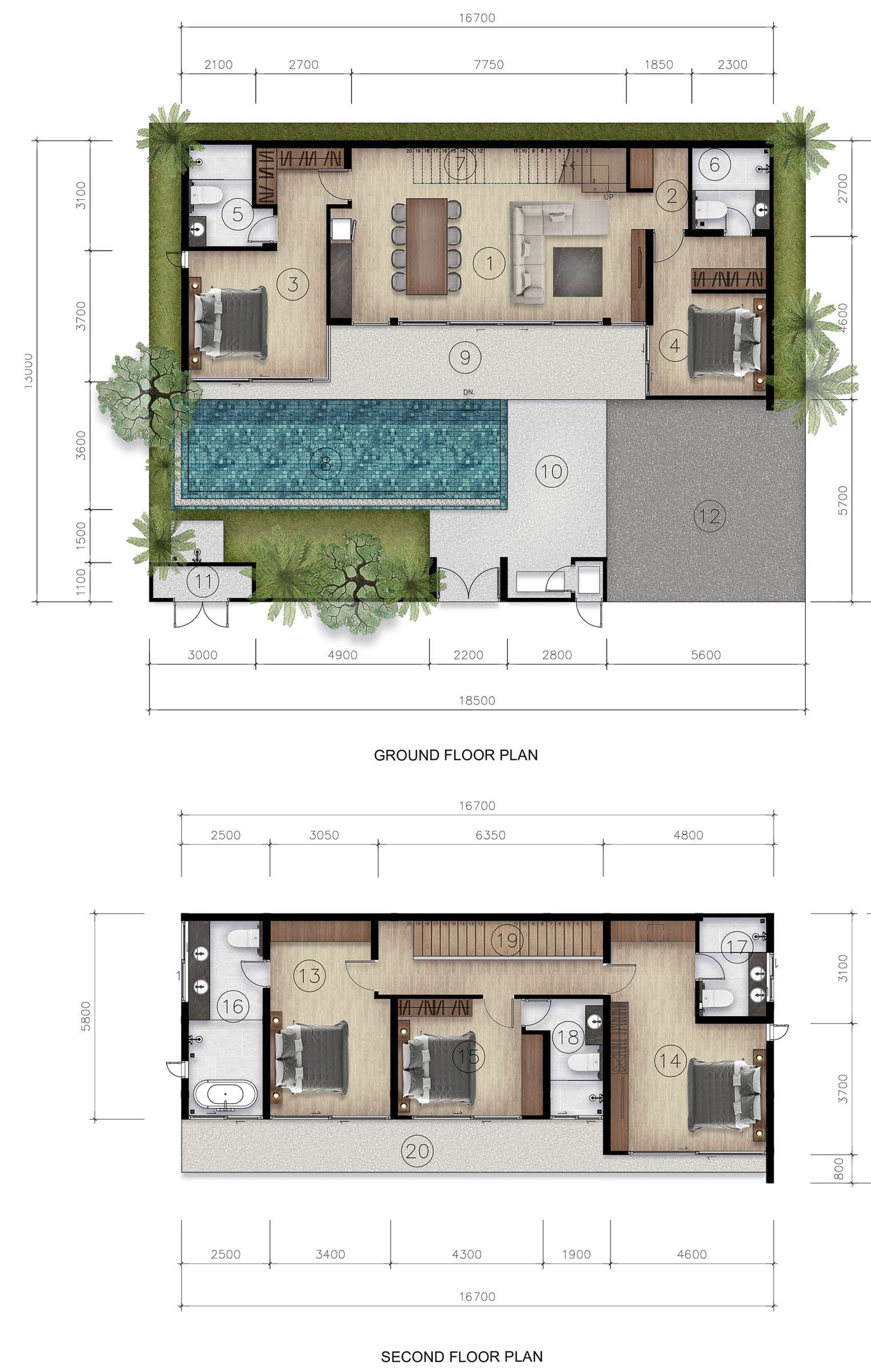 Enigma Villa Type A plans: ground floor with living, dining and kitchen, two bedrooms, pool and parking; upper floor with three bedrooms and balcony