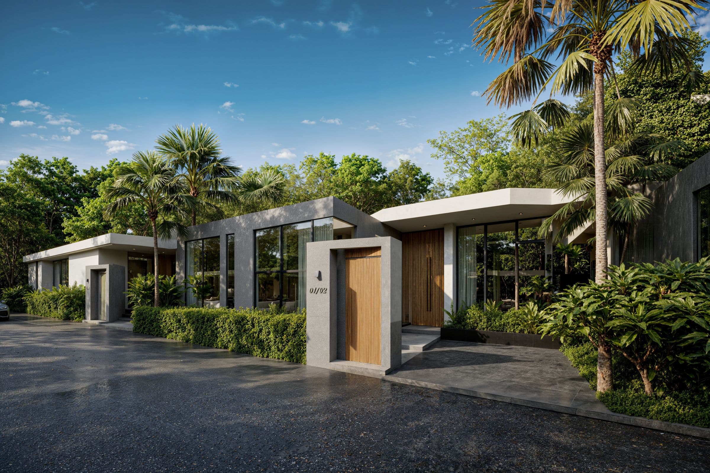 Villa entrance and glazed living room