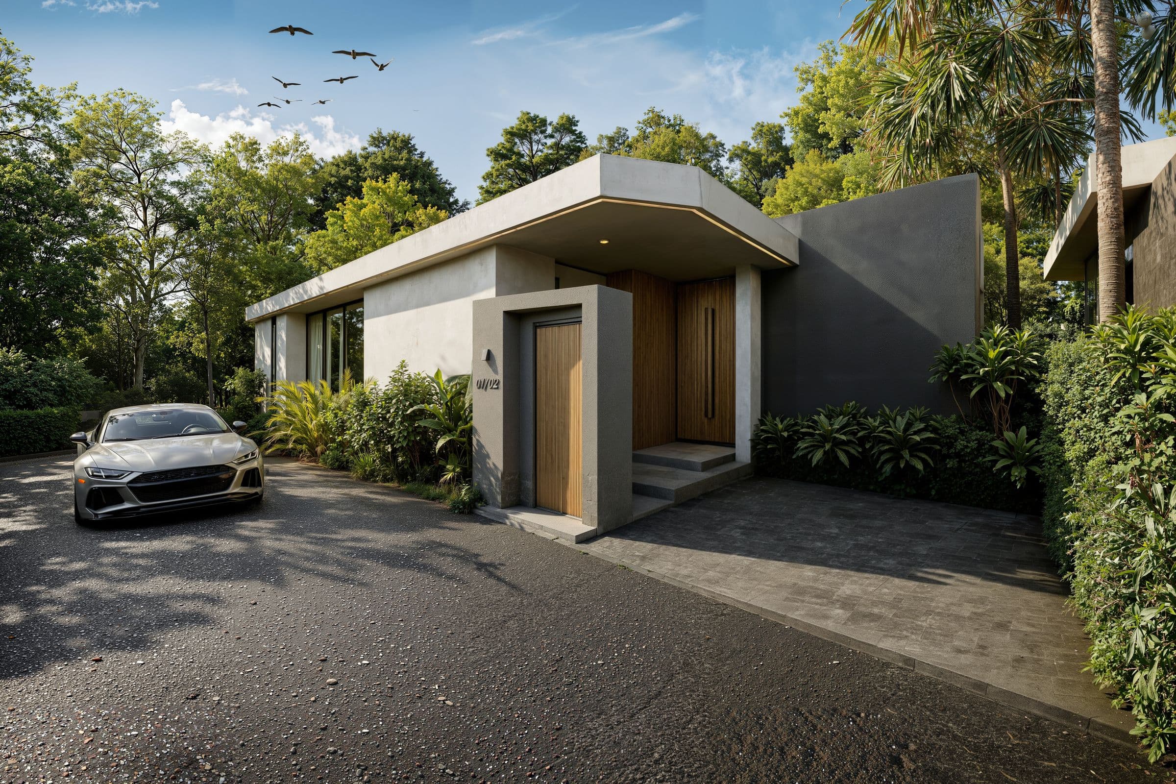 Villa entrance with timber door