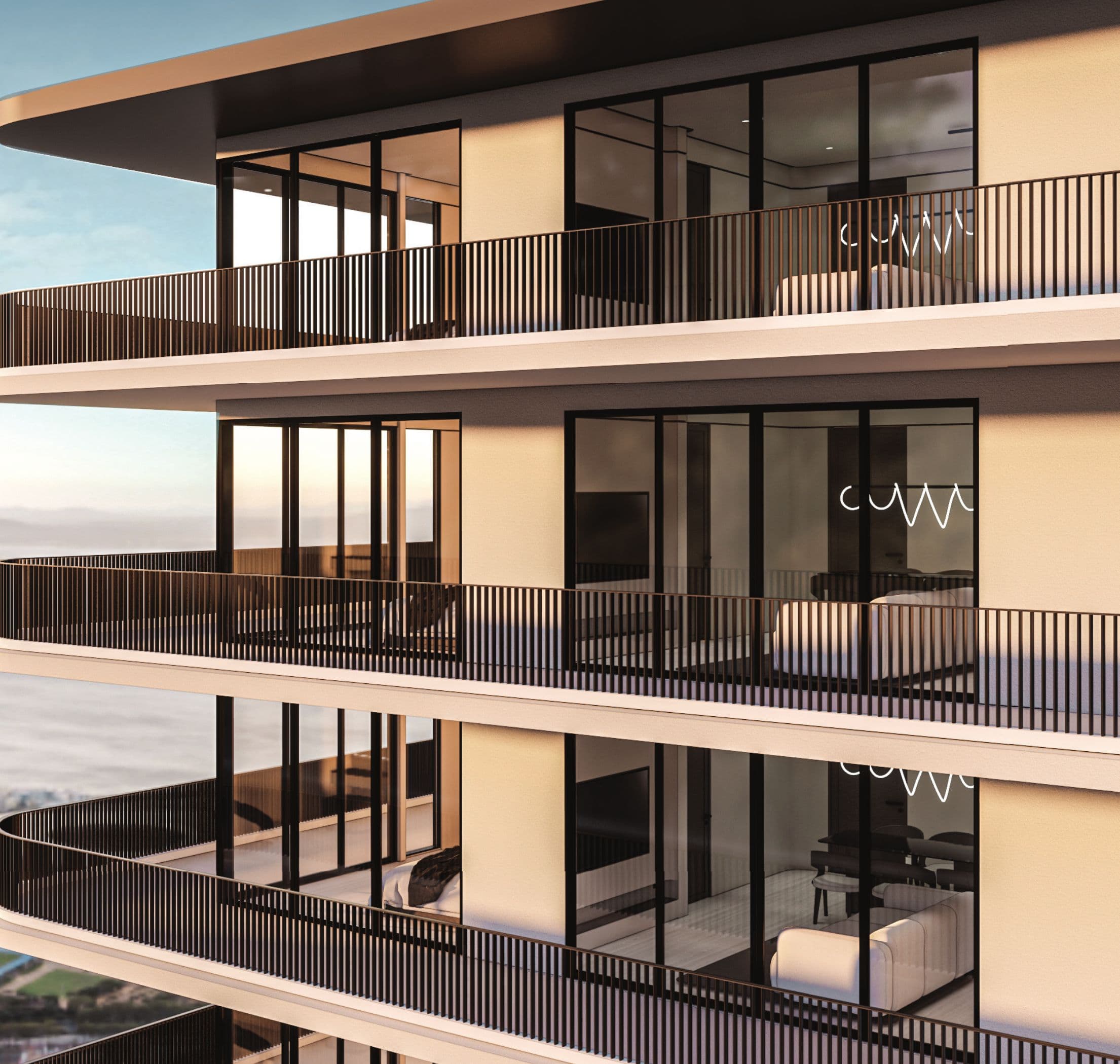 Curved balconies overlooking the sea