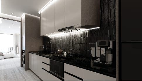 Kitchen with dark stone splashback