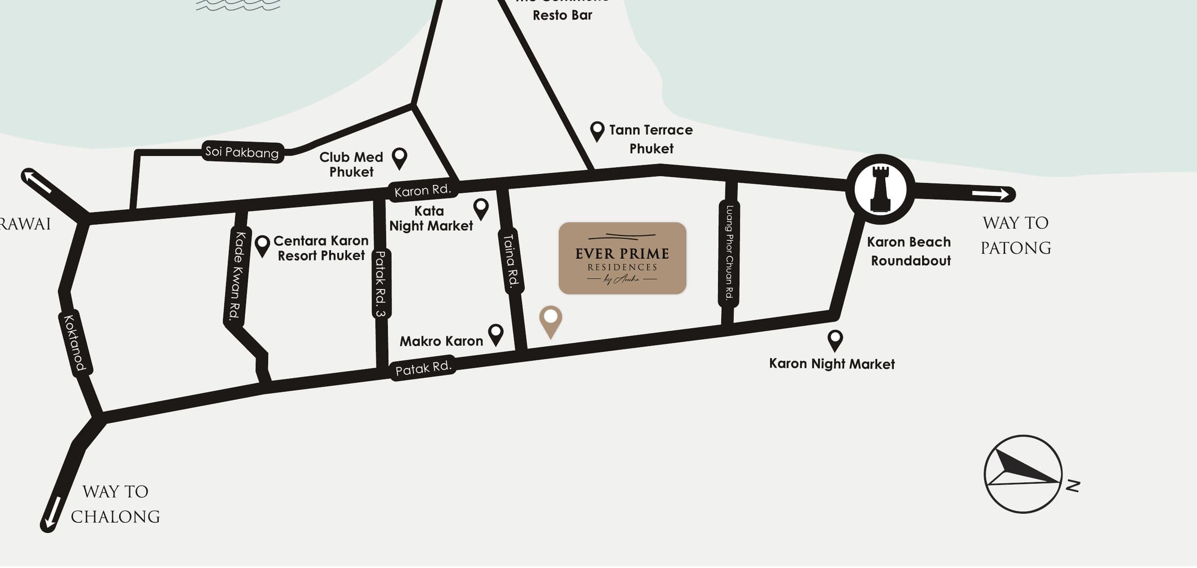 Ever Prime Residences location map showing Kata and Karon beaches, Patak Road and nearby landmarks