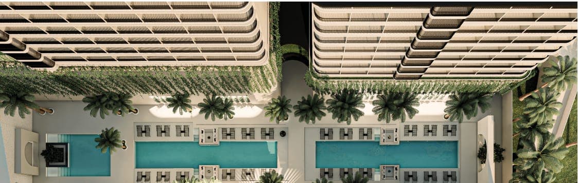 Aerial view of the double lap pools between the towers