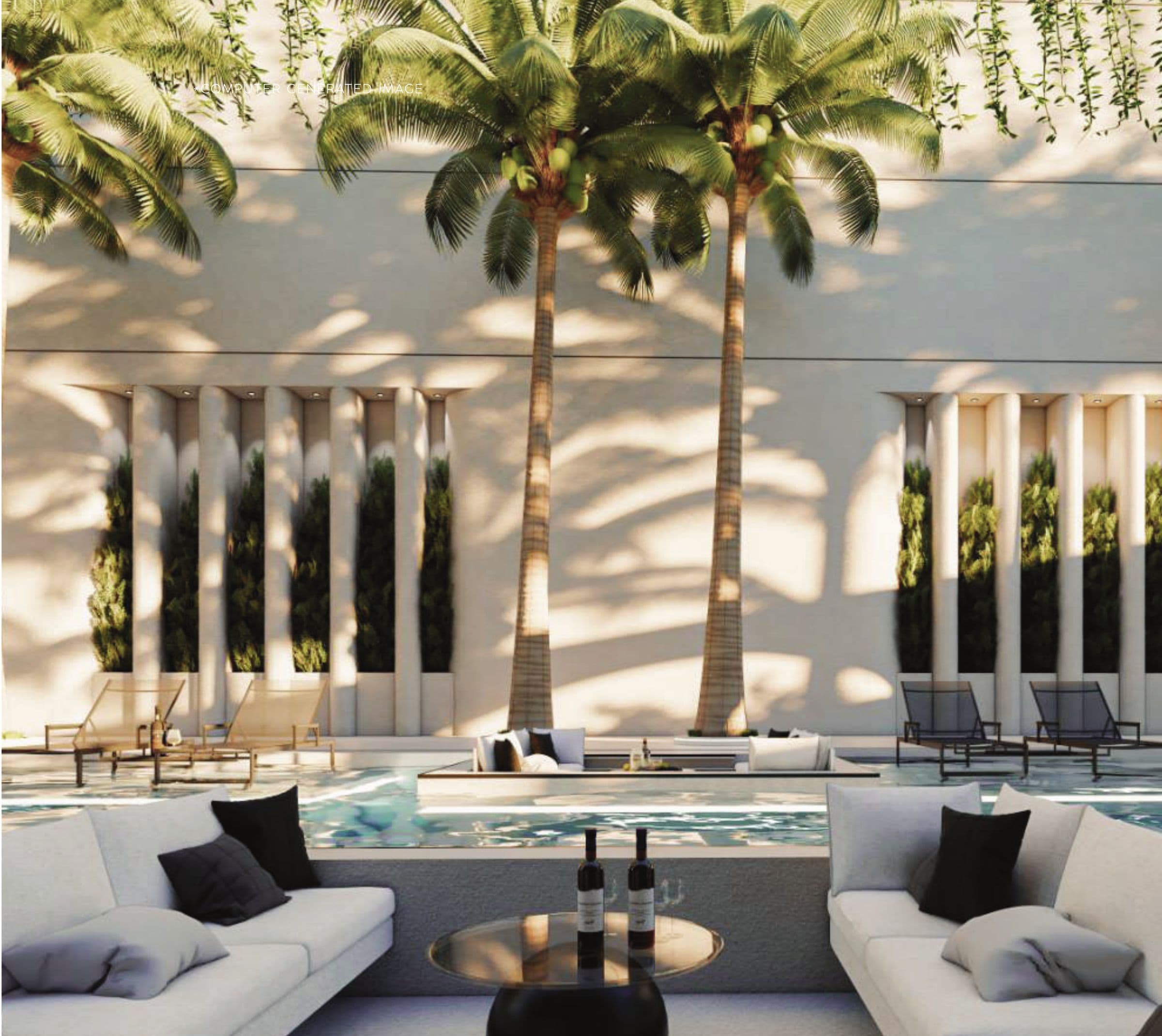 Poolside lounge beneath palms