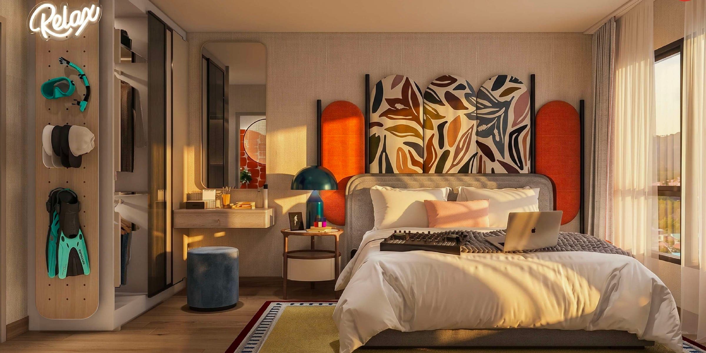One-bedroom bedroom with botanical headboard art