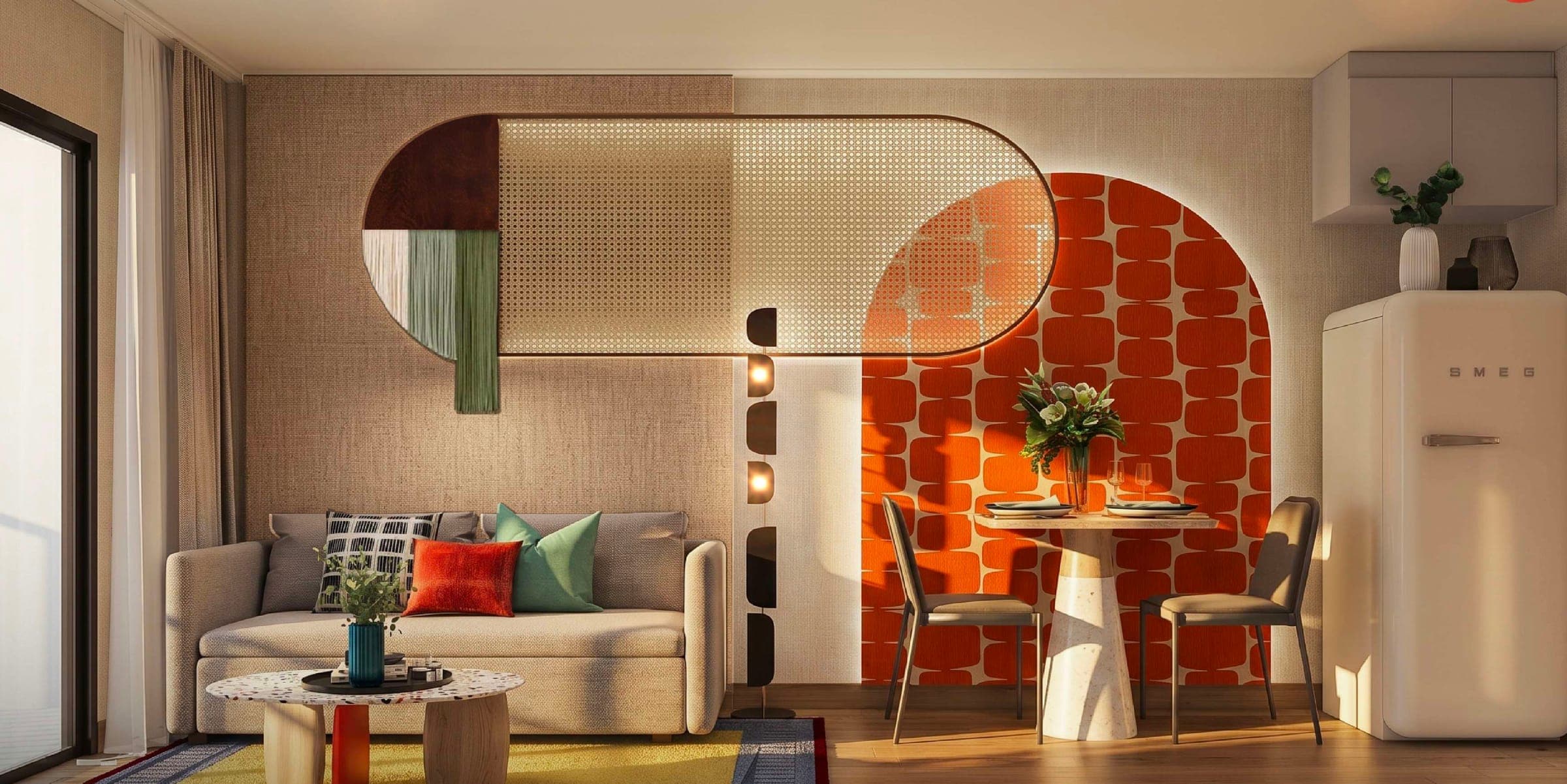 One-bedroom lounge with arched orange feature wall
